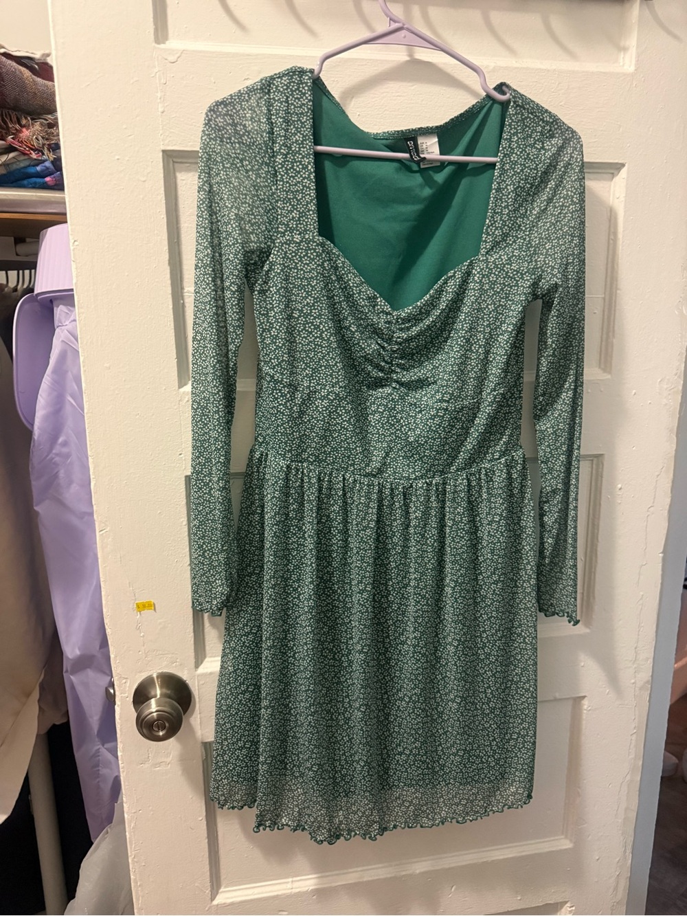 H&M Green Floral Long Sleeve Ruched Bodice Dress
